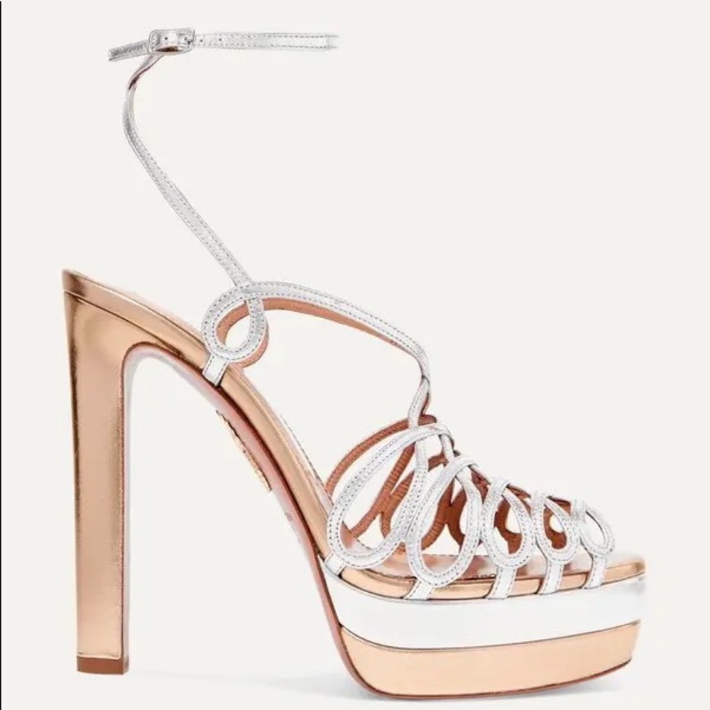 New AQUAZZURA Monroe Plateau 130 Two-Tone Metallic Leather Platform Sandals